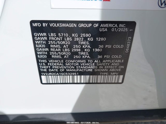 44618602 :رقم المزاد ، 1V2JR2CA1SC532951 vin ، 2025 Volkswagen Atlas 2.0t Se W/technology مزاد بيع