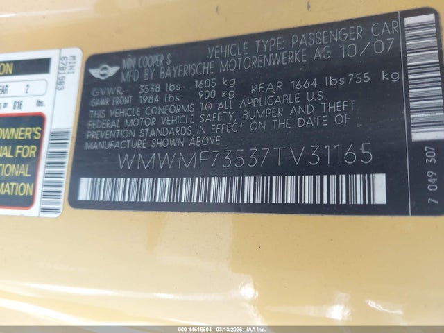 2007 MINI COOPER S WMWMF73537TV31165 Photo 8