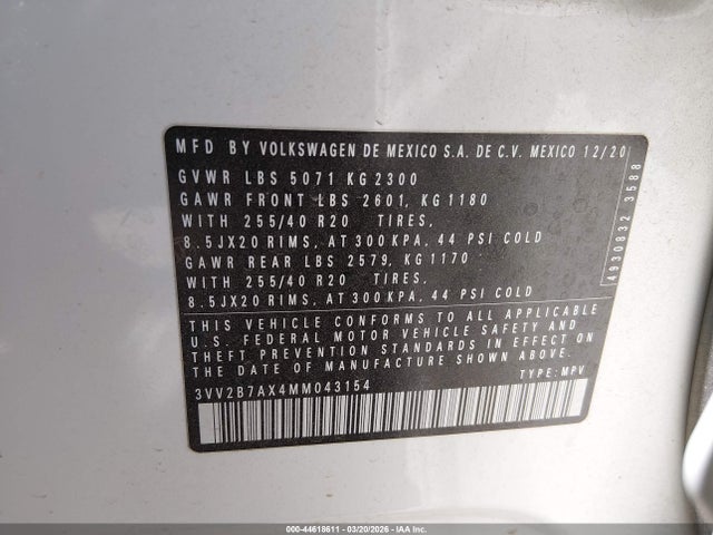 44618611 :رقم المزاد ، 3VV2B7AX4MM043154 vin ، 2021 Volkswagen Tiguan 2.0t Se/2.0t Se R-line Black/2.0t Sel مزاد بيع
