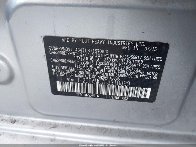 Продажа на аукционе авто 2015 Subaru Xv Crosstrek 2.0i Limited, vin: JF2GPAMC7F8310890, номер лота: 44618624