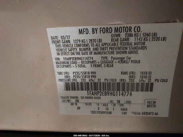 1FAHP2E89HG114774 Ford TAURUS SEL