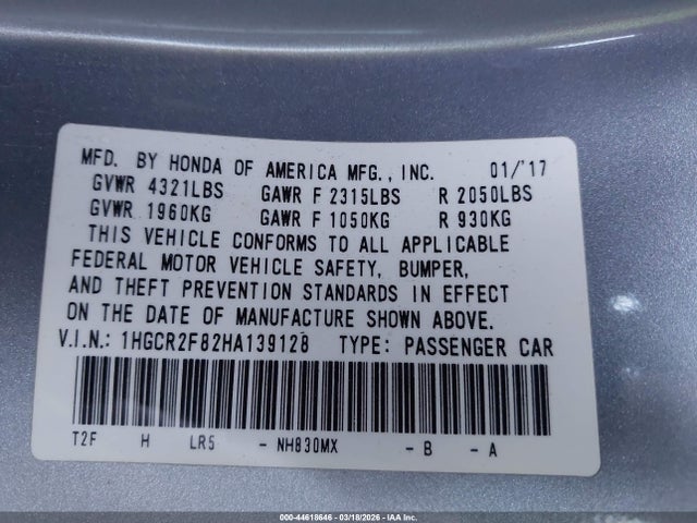 1HGCR2F82HA139128 Honda Accord Ex-l