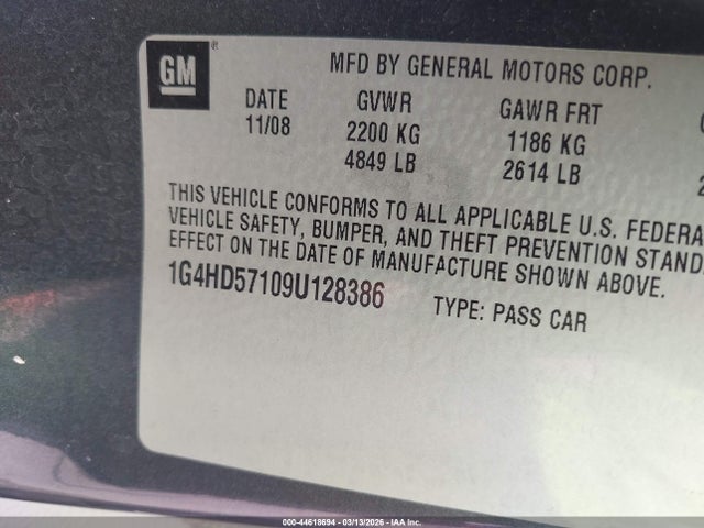 Продажа на аукционе авто 2009 Buick Lucerne Cxl-4, vin: 1G4HD57109U128386, номер лота: 44618694