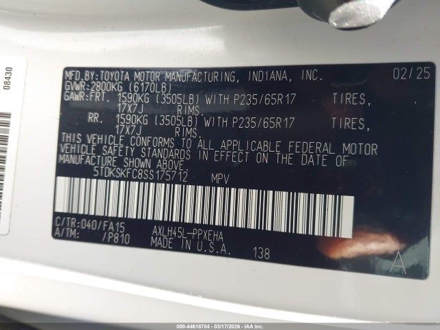 44618704 :رقم المزاد ، 5TDKSKFC8SS175712 vin ، 2025 Toyota Sienna Le مزاد بيع