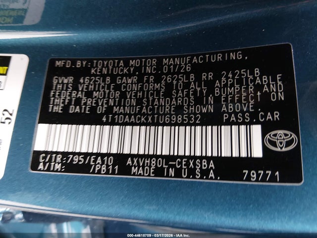 Aukcja sprzedaży 2026 Toyota Camry Se, vin: 4T1DAACKXTU698532, numer aukcji: 44618709