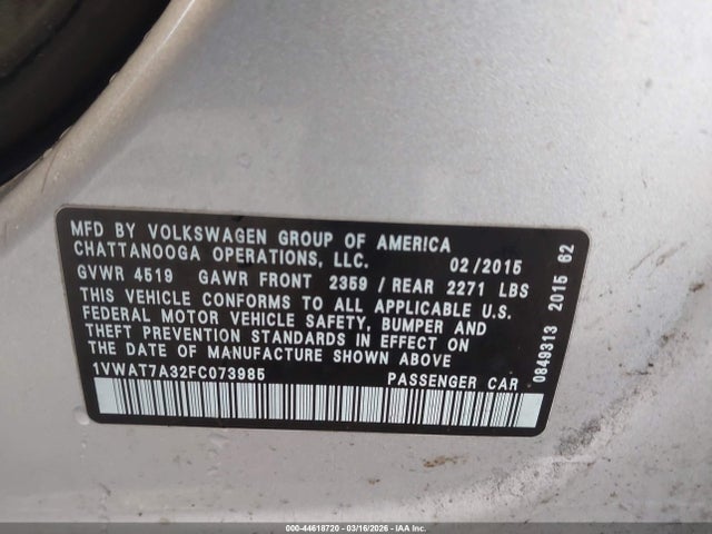 Aukcja sprzedaży 2015 Volkswagen Passat 1.8t Wolfsburg Edition, vin: 1VWAT7A32FC073985, numer aukcji: 44618720