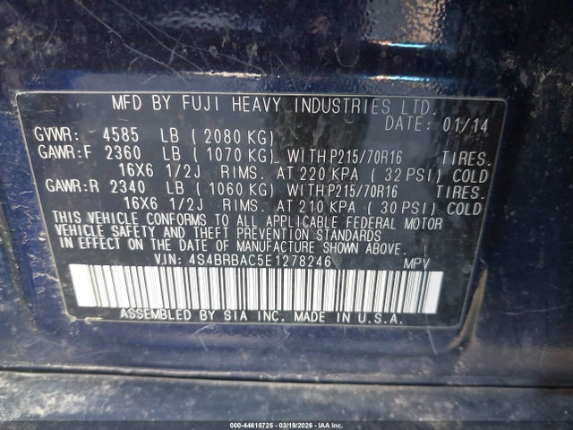 Продаж на аукціоні авто 2014 Subaru Outback 2.5i, vin: 4S4BRBAC5E1278246, номер лоту: 44618725