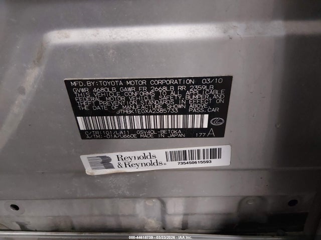 44618739 :رقم المزاد ، JTHBK1EGXA2385733 vin ، 2010 Lexus Es 350 مزاد بيع