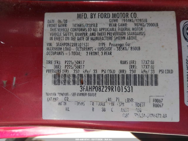 44618741 :رقم المزاد ، 3FAHP08Z29R101531 vin ، 2009 Ford Fusion Sel مزاد بيع