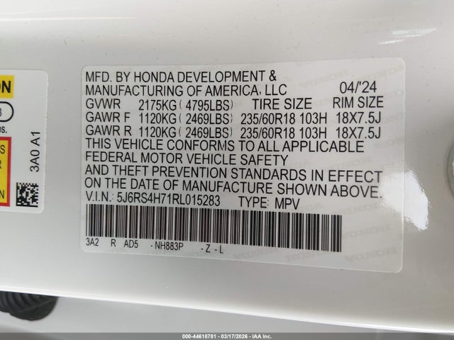 44618781 :رقم المزاد ، 5J6RS4H71RL015283 vin ، 2024 Honda Cr-v Ex-l Awd مزاد بيع