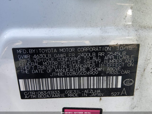 Aukcja sprzedaży 2016 Lexus Is 350, vin: JTHBE1D28G5024909, numer aukcji: 44618813