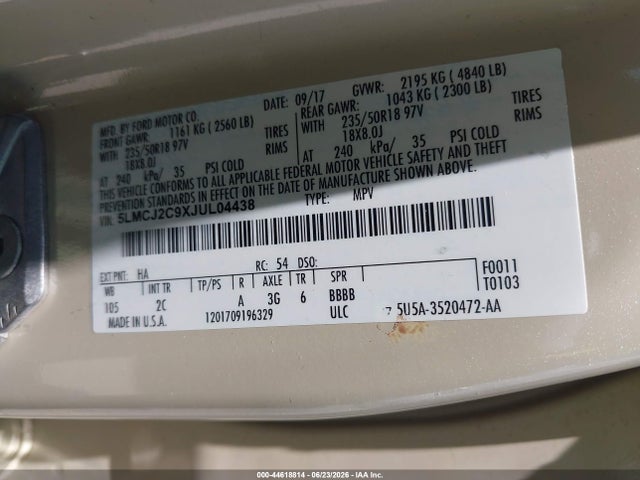44618814 :رقم المزاد ، 5LMCJ2C9XJUL04438 vin ، 2018 Lincoln Mkc Select مزاد بيع