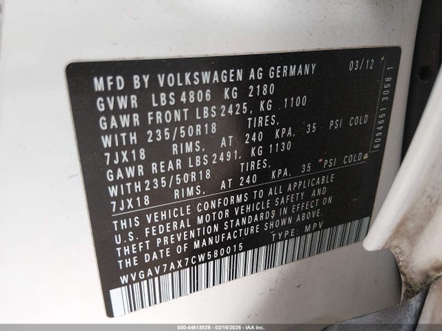2012 VOLKSWAGEN TIGUAN WVGAV7AX7CW580015 Photo 8