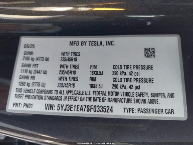 Aukcja sprzedaży 2025 Tesla Model 3 Long Range Rear-wheel Drive/standard Rear-wheel Drive, vin: 5YJ3E1EA7SF033524, numer aukcji: 44618836