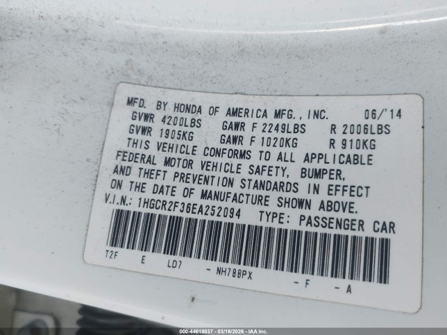 Honda ACCORD LX 2014 1HGCR2F36EA252094 Image 9