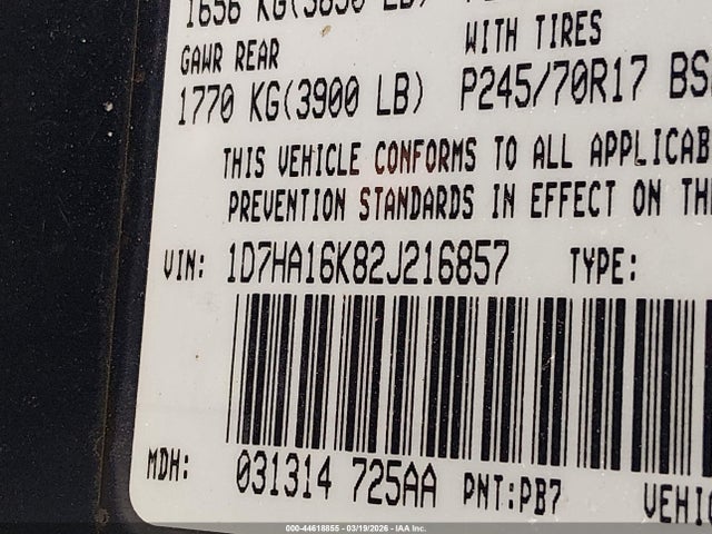 44618855 :رقم المزاد ، 1D7HA16K82J216857 vin ، 2002 Dodge Ram 1500 Slt مزاد بيع