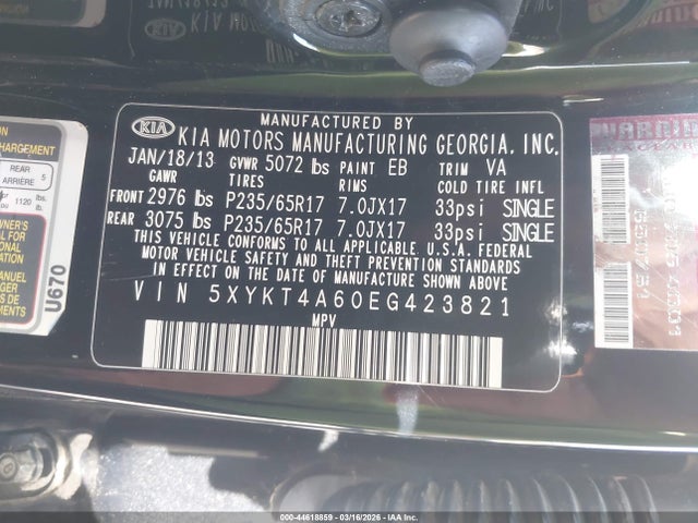 5XYKT4A60EG423821 KIA SORENTO LX