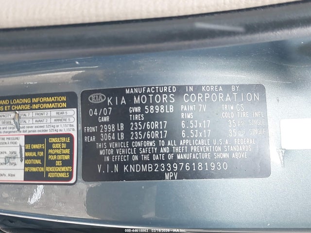 2007 Kia Sedona Ex მანქანა იყიდება აუქციონზე, vin: KNDMB233976181930, აუქციონის ნომერი: 44618863