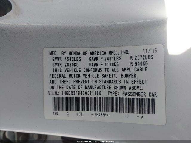 1HGCR3F94GA011180 Honda Accord Touring