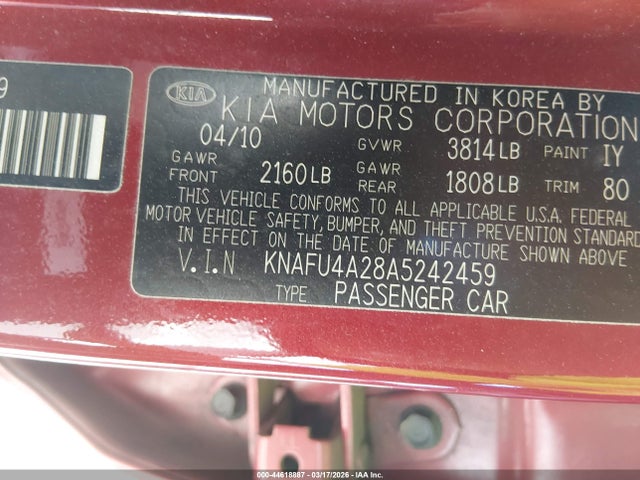 Auction sale of the 2010 Kia Forte Ex, vin: KNAFU4A28A5242459, lot number: 44618887