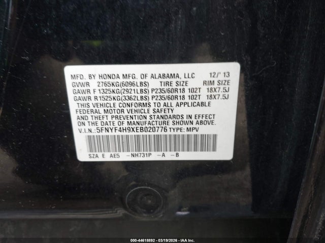 Honda Pilot Touring 2014 5FNYF4H9XEB020776 Image 9
