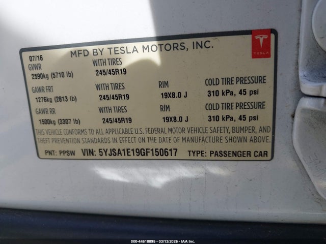 44618895 :رقم المزاد ، 5YJSA1E19GF150617 vin ، 2016 Tesla Model S 60/70/75/85 مزاد بيع