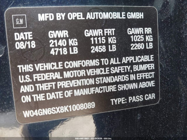 44618901 :رقم المزاد ، W04GN6SX8K1008089 vin ، 2019 Buick Regal Sportback Awd Preferred Ii مزاد بيع