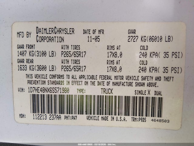 Продаж на аукціоні авто 2006 Dodge Dakota Slt, vin: 1D7HE48NX6S571980, номер лоту: 44618905