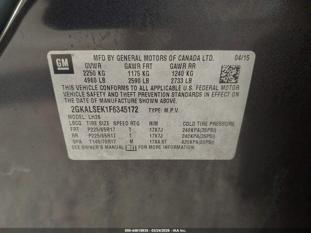 Aukcja sprzedaży 2015 Gmc Terrain Slt-1, vin: 2GKALSEK1F6345172, numer aukcji: 44618938