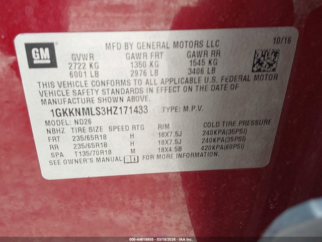 2017 Gmc Acadia Slt-1 მანქანა იყიდება აუქციონზე, vin: 1GKKNMLS3HZ171433, აუქციონის ნომერი: 44618955