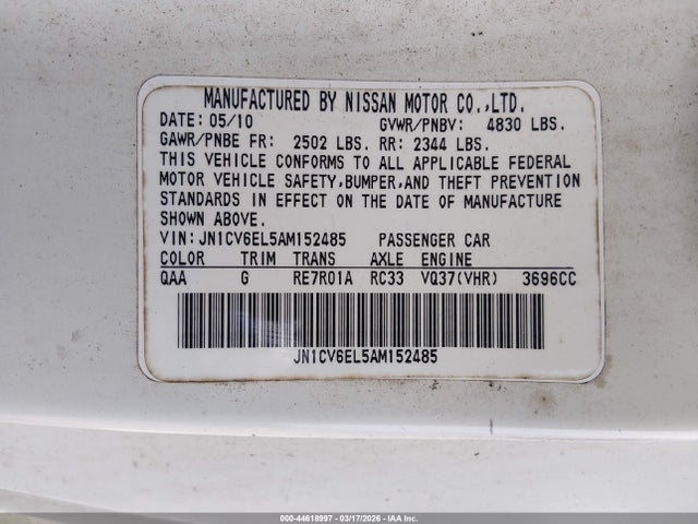 44618997 :رقم المزاد ، JN1CV6EL5AM152485 vin ، 2010 Infiniti G37x مزاد بيع