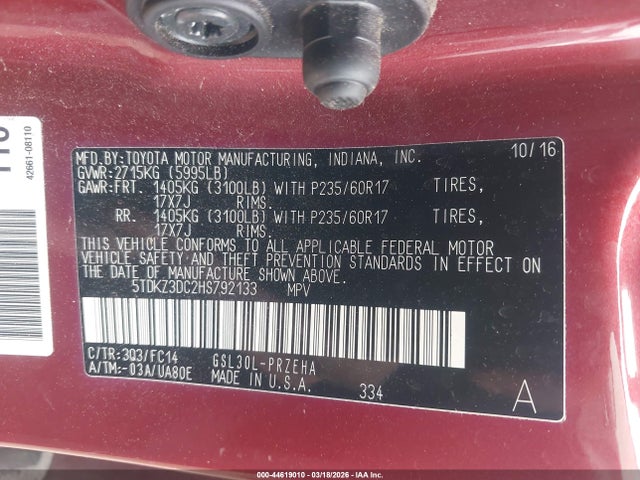 44619010 :رقم المزاد ، 5TDKZ3DC2HS792133 vin ، 2017 Toyota Sienna Le 8 Passenger مزاد بيع