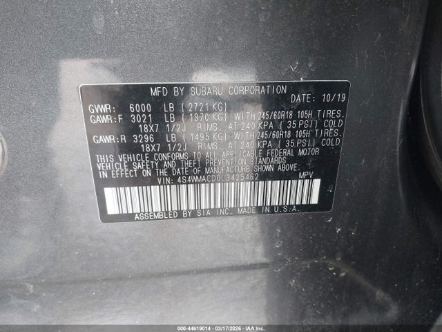 Продажа на аукционе авто 2020 Subaru Ascent Premium, vin: 4S4WMACD0L3425462, номер лота: 44619014