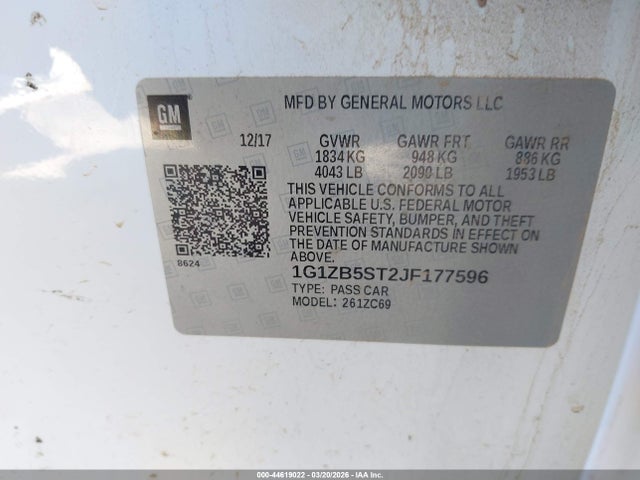 Aukcja sprzedaży 2018 Chevrolet Malibu 1ls, vin: 1G1ZB5ST2JF177596, numer aukcji: 44619022