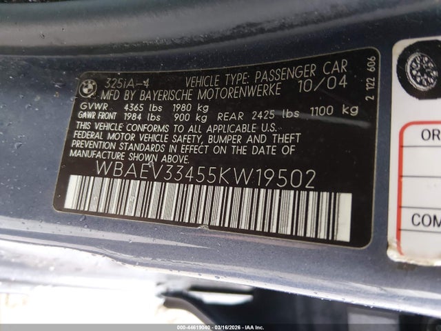 Aukcja sprzedaży 2005 Bmw 325i, vin: WBAEV33455KW19502, numer aukcji: 44619040