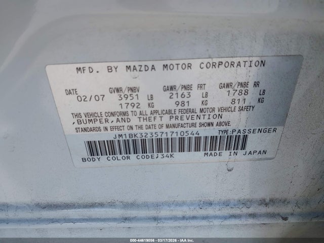 Продаж на аукціоні авто 2007 Mazda Mazda3 S Grand Touring, vin: JM1BK323571710544, номер лоту: 44619056