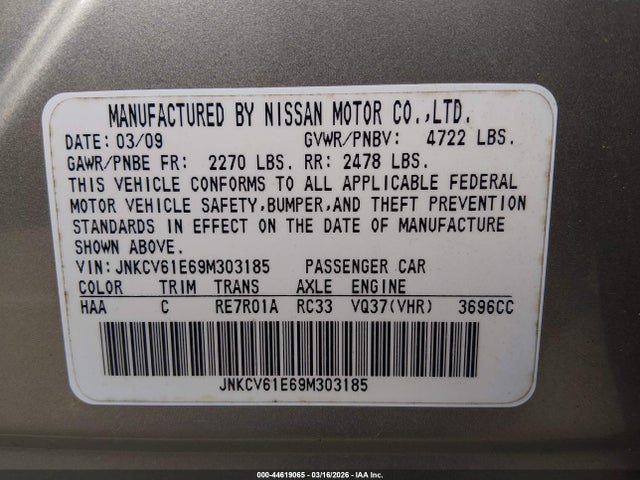44619065 :رقم المزاد ، JNKCV61E69M303185 vin ، 2009 Infiniti G37 Journey مزاد بيع