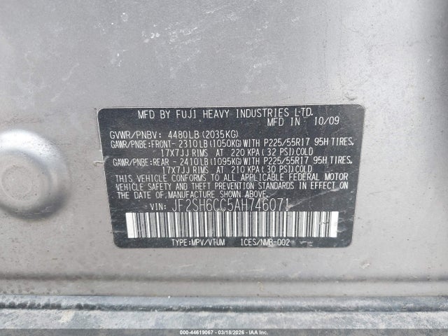 44619067 :رقم المزاد ، JF2SH6CC5AH746071 vin ، 2010 Subaru Forester 2.5x Premium مزاد بيع