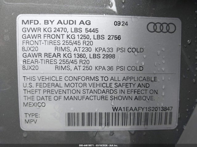 Aukcja sprzedaży 2025 Audi Q5 Premium Plus 45 Tfsi S Line Quattro S Tronic, vin: WA1EAAFY1S2013847, numer aukcji: 44619071
