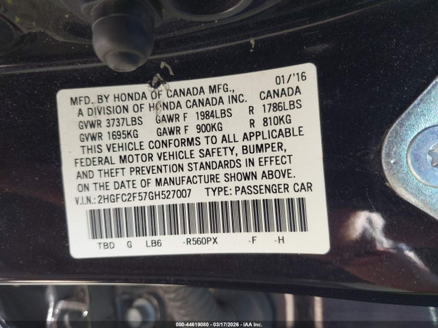 Honda Civic Lx 2016 2HGFC2F57GH527007 Image 9