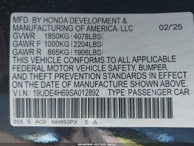 Продаж на аукціоні авто 2025 Acura Integra A-spec Technology, vin: 19UDE4H69SA012892, номер лоту: 44619090