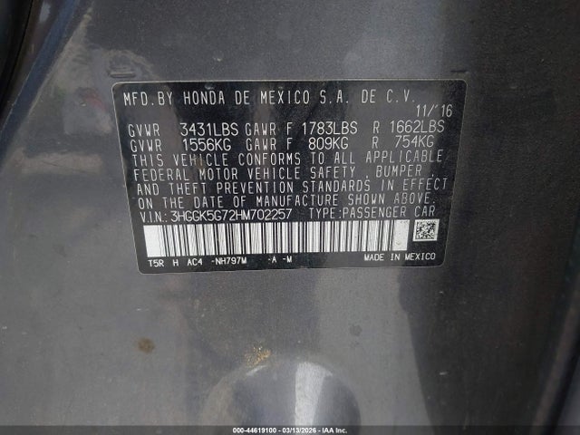 3HGGK5G72HM702257 Honda FIT EX
