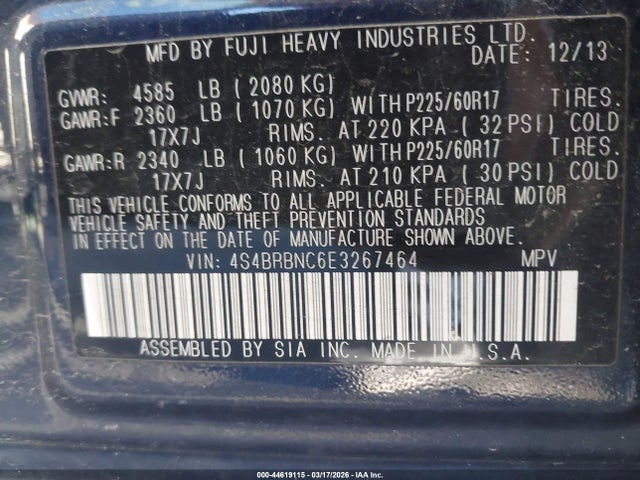 44619115 :رقم المزاد ، 4S4BRBNC6E3267464 vin ، 2014 Subaru Outback 2.5i Limited مزاد بيع