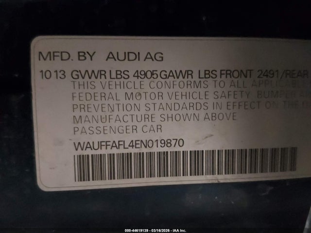 44619139 :رقم المزاد ، WAUFFAFL4EN019870 vin ، 2014 Audi A4 2.0t Premium مزاد بيع