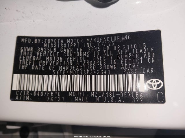 Aukcja sprzedaży 2025 Toyota Corolla Le, vin: 5YFB4MDE4SP343641, numer aukcji: 44619141