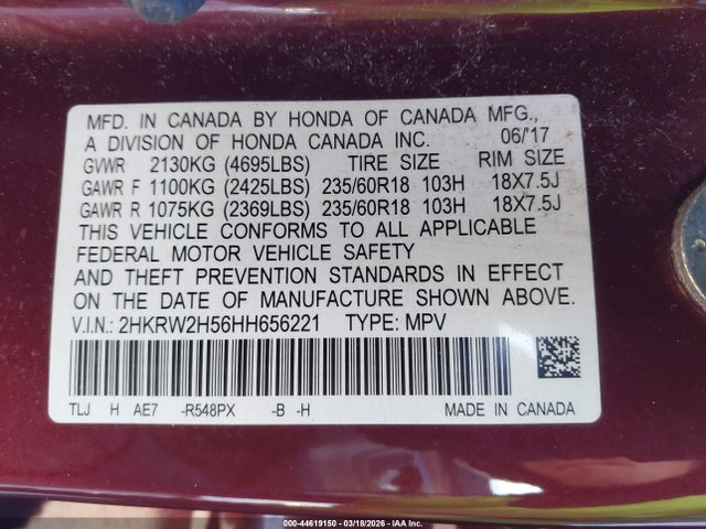 2HKRW2H56HH656221 Honda CR-V EX