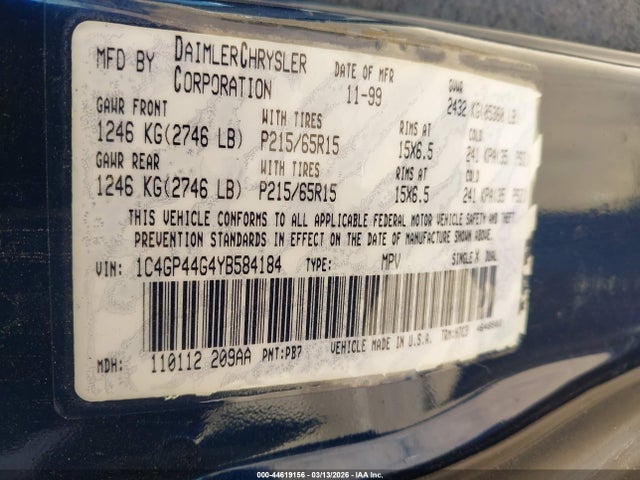 44619156 :رقم المزاد ، 1C4GP44G4YB584184 vin ، 2000 Chrysler Town & Country Lx مزاد بيع