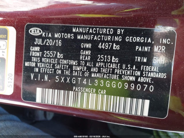 2016 Kia Optima Lx მანქანა იყიდება აუქციონზე, vin: 5XXGT4L33GG099070, აუქციონის ნომერი: 44619165