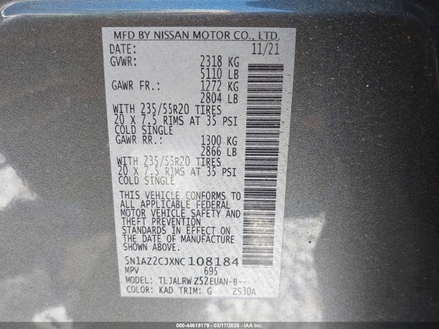 5N1AZ2CJXNC108184 Nissan Murano Sl Fwd