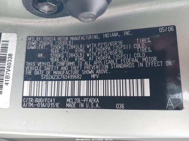 Aukcja sprzedaży 2006 Toyota Sienna Le, vin: 5TDZA23C76S499682, numer aukcji: 44619212
